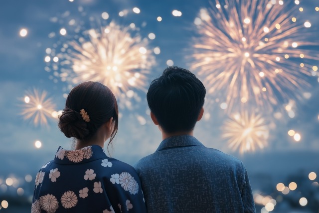 花火を見るカップルの後ろ姿