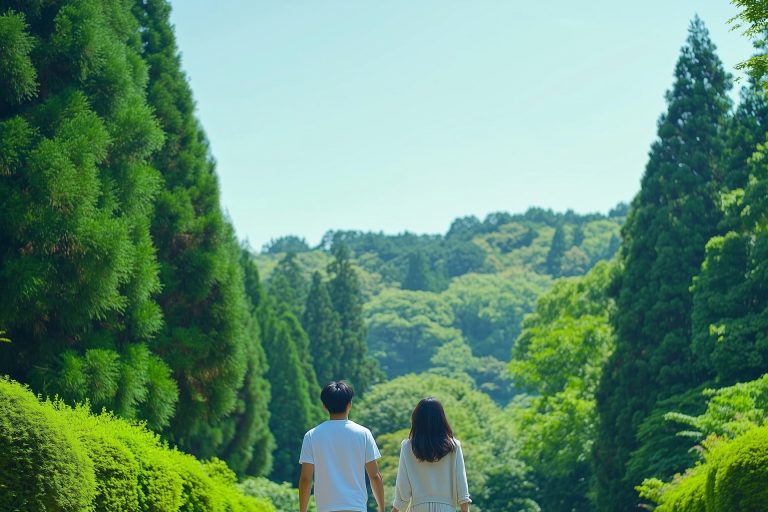 自然の中にいるカップルの後ろ姿
